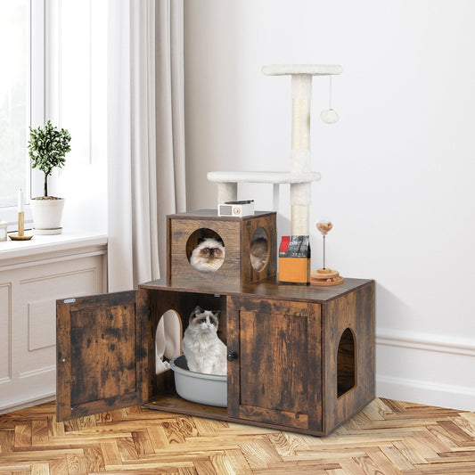 Cat Tree with Litter Box Enclosure with Cat Condo, Rustic Brown - Gallery Canada