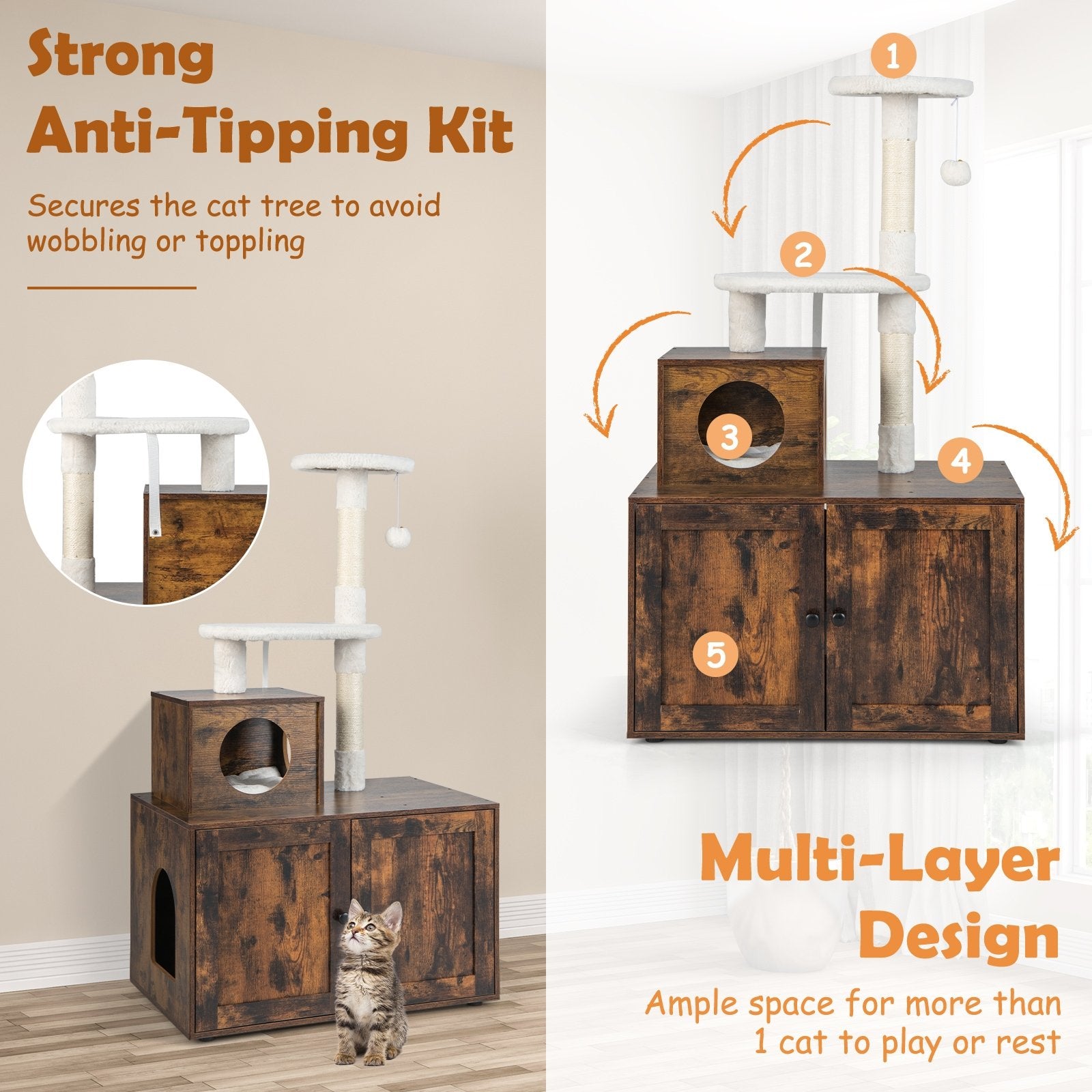 Cat Tree with Litter Box Enclosure with Cat Condo, Rustic Brown at Gallery Canada
