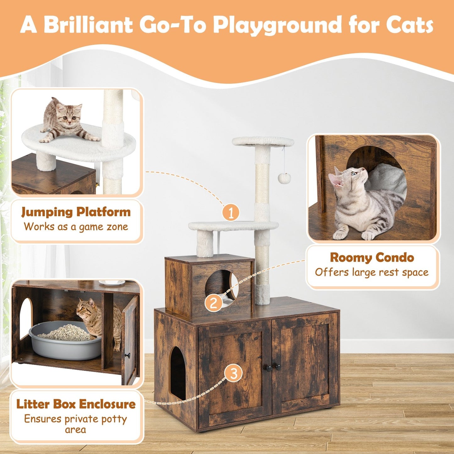 Cat Tree with Litter Box Enclosure with Cat Condo, Rustic Brown