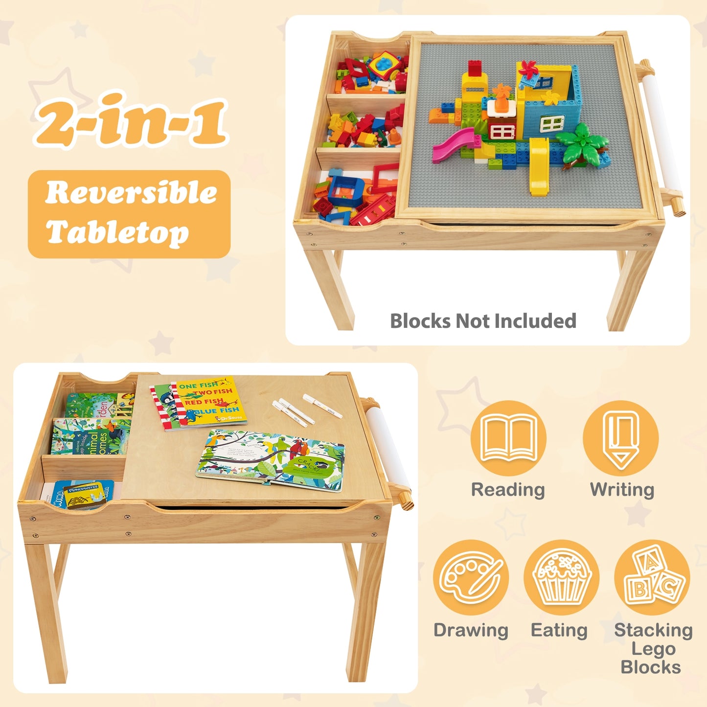 Kids Multi Activity Play Table Wooden Building Block Desk with Storage Paper Roll, Natural Kids Table & Chair Sets at Gallery Canada