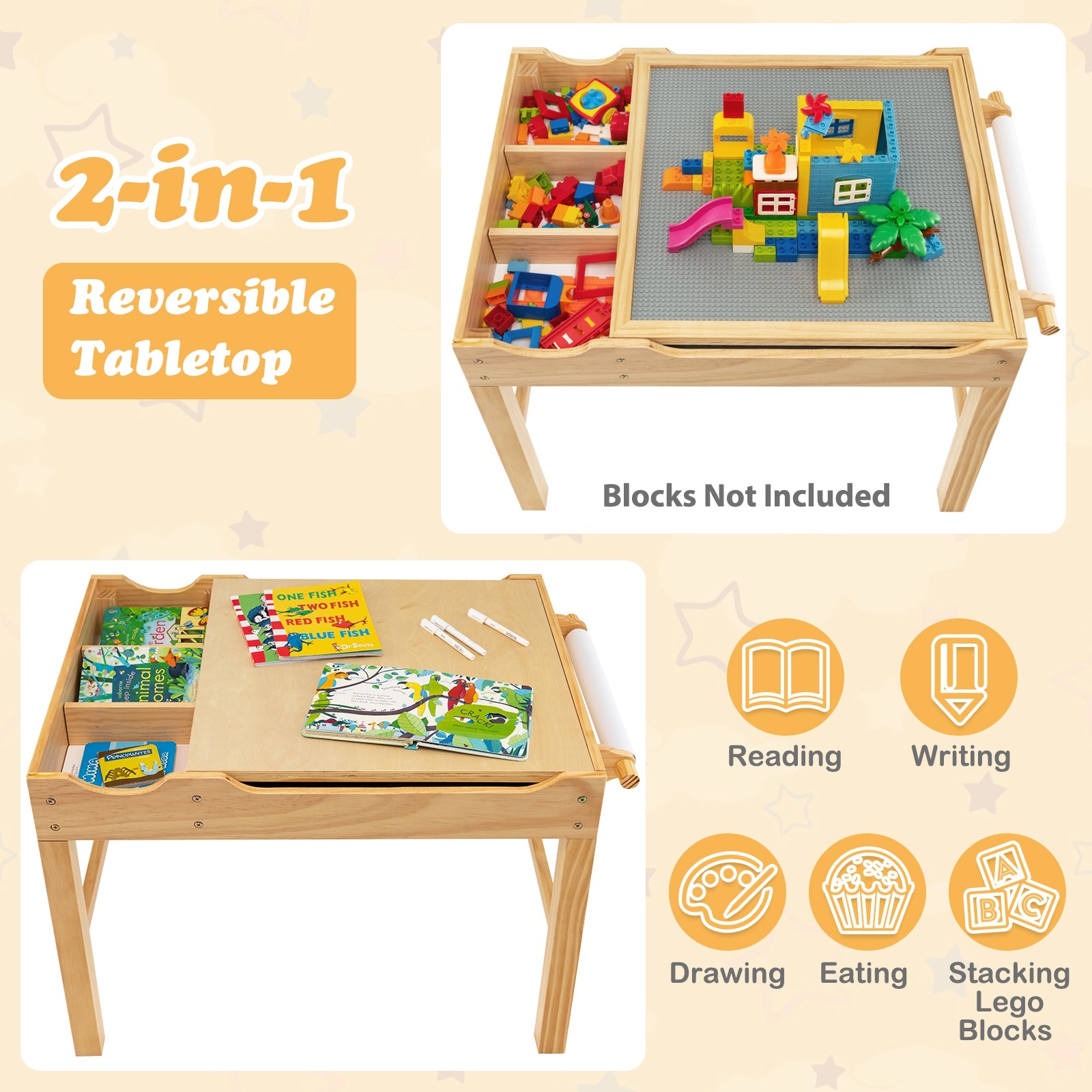 Kids Multi Activity Play Table Wooden Building Block Desk with Storage Paper Roll, Natural Kids Table & Chair Sets at Gallery Canada