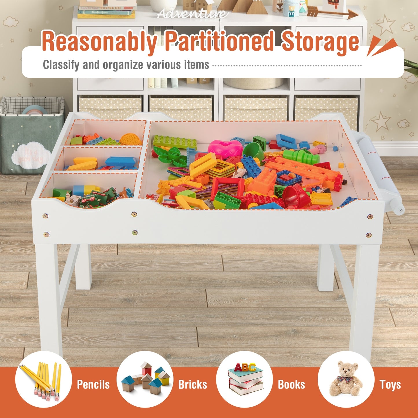 Kids Wooden Multi Activity Play Table With Storage Paper Roll, White Kids Table & Chair Sets at Gallery Canada
