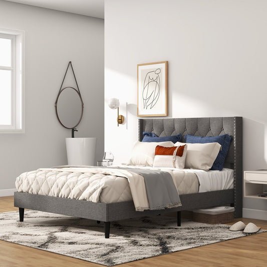 Full/Queen Size Upholstered Platform Bed with Button Tufted Headboard-Full Size, Gray - Gallery Canada