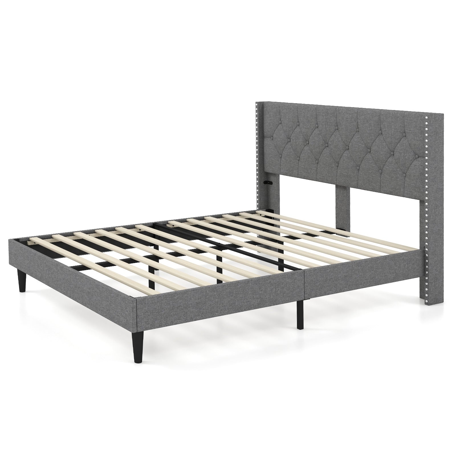 Queen Size Upholstered Platform Bed, Button Tufted Headboard, Gray Simple Bed Frame at Gallery Canada