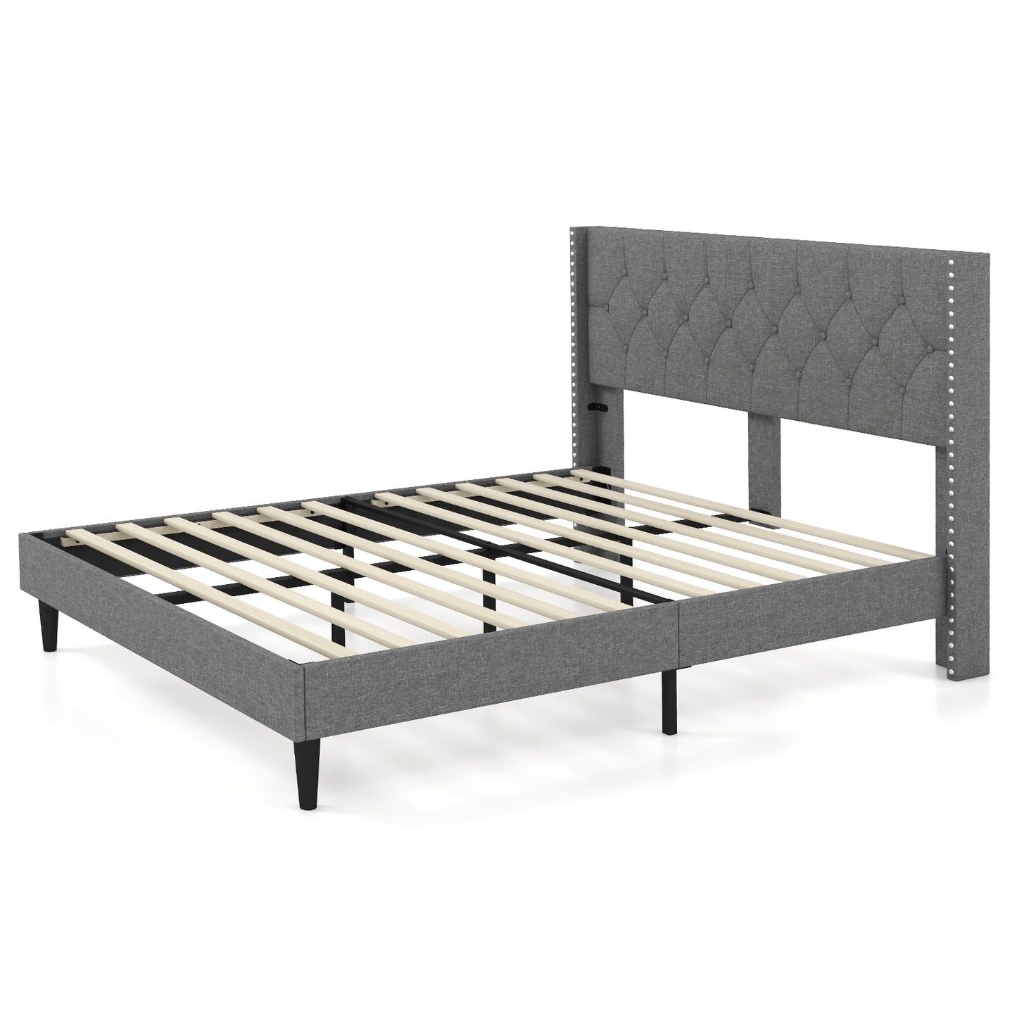 Queen Size Upholstered Platform Bed, Button Tufted Headboard, Gray Simple Bed Frame at Gallery Canada