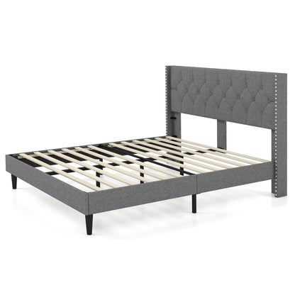 Queen Size Upholstered Platform Bed, Button Tufted Headboard, Gray Simple Bed Frame at Gallery Canada
