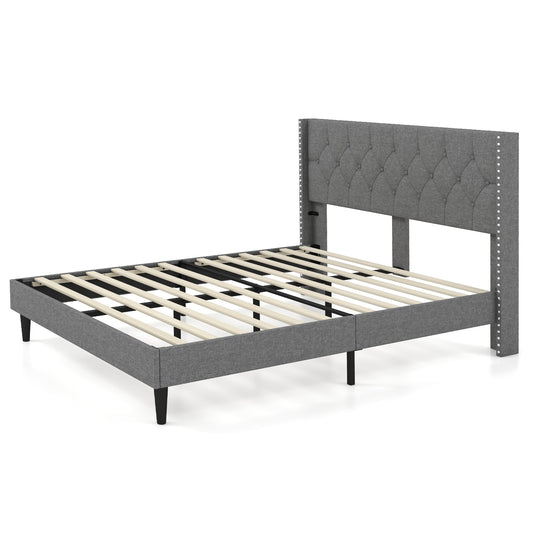 Queen Size Upholstered Platform Bed, Button Tufted Headboard, Gray Simple Bed Frame Gray at Gallery Canada