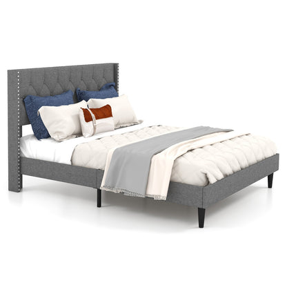 Queen Size Upholstered Platform Bed, Button Tufted Headboard, Gray Simple Bed Frame at Gallery Canada