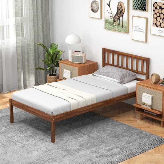 Twin/Full/Queen Size Wood Bed Frame with Headboard and Slat Support-Twin Size, Walnut - Gallery Canada