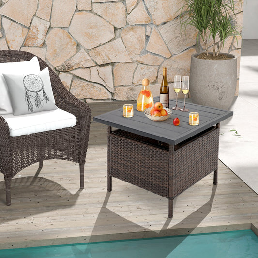 Patio Square Wicker Side Table with Umbrella Hole for Yard Garden Poolside, Brown - Gallery Canada
