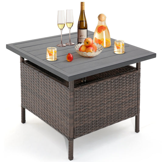 Patio Square Wicker Side Table with Umbrella Hole for Yard Garden Poolside, Brown - Gallery Canada