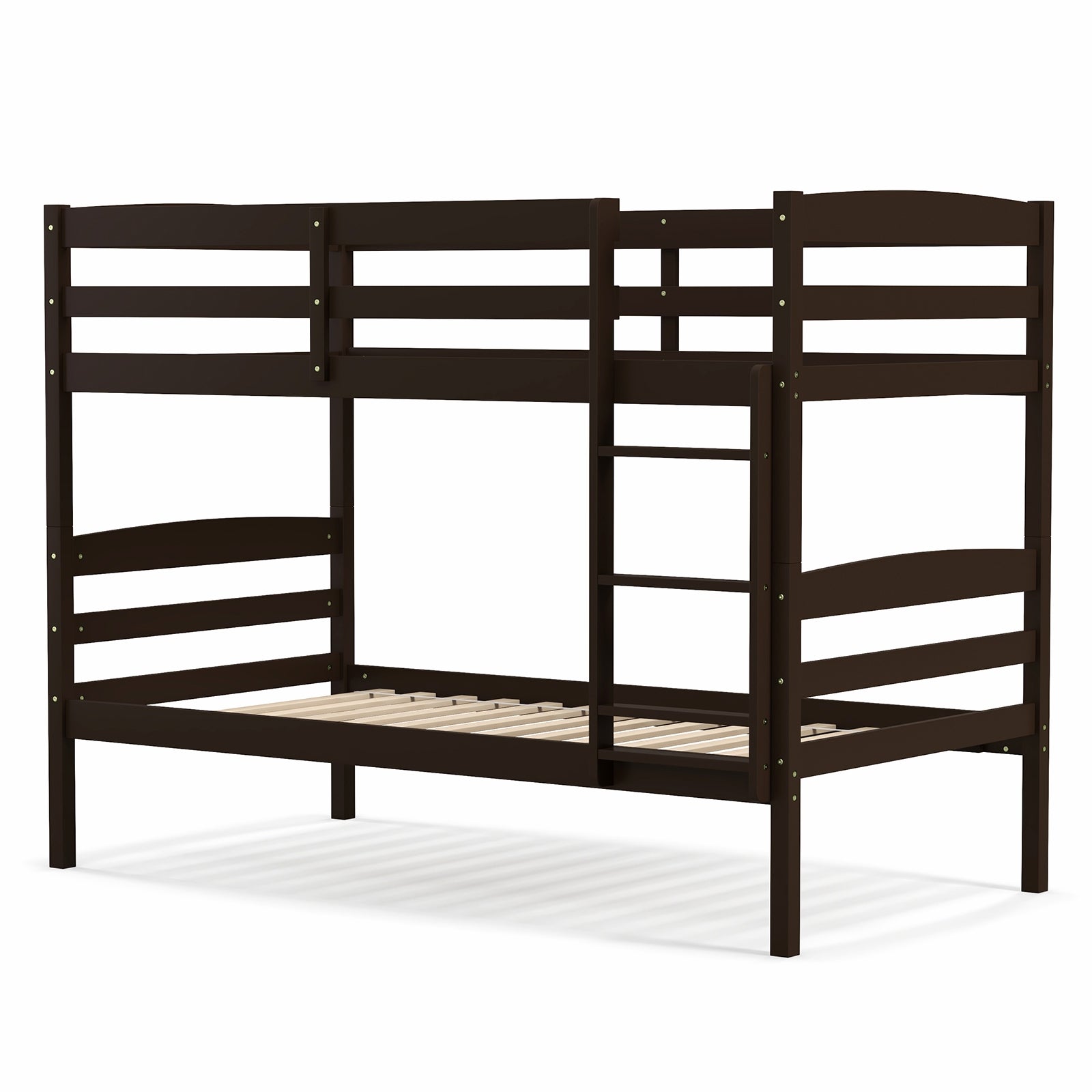Solid Wood Twin Over Twin Bunk Bed Frame with High Guardrails and Integrated Ladder, Espresso Bunk Bed Frame at Gallery Canada