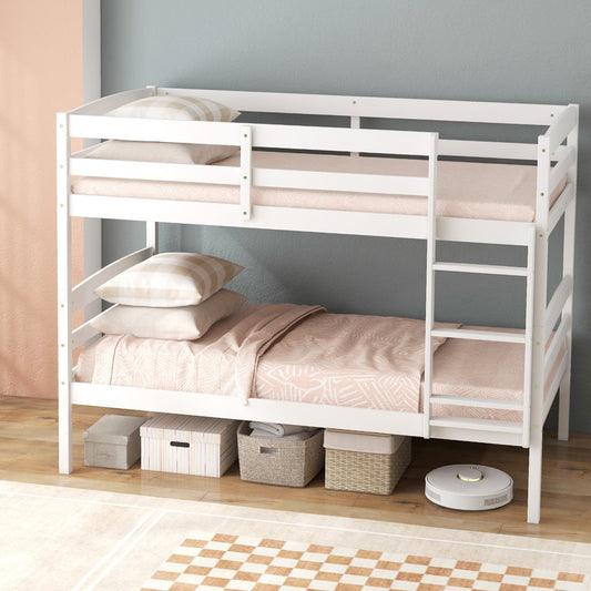 Solid Wood Twin Over Twin Bunk Bed Frame with High Guardrails and Integrated Ladder, White - Gallery Canada