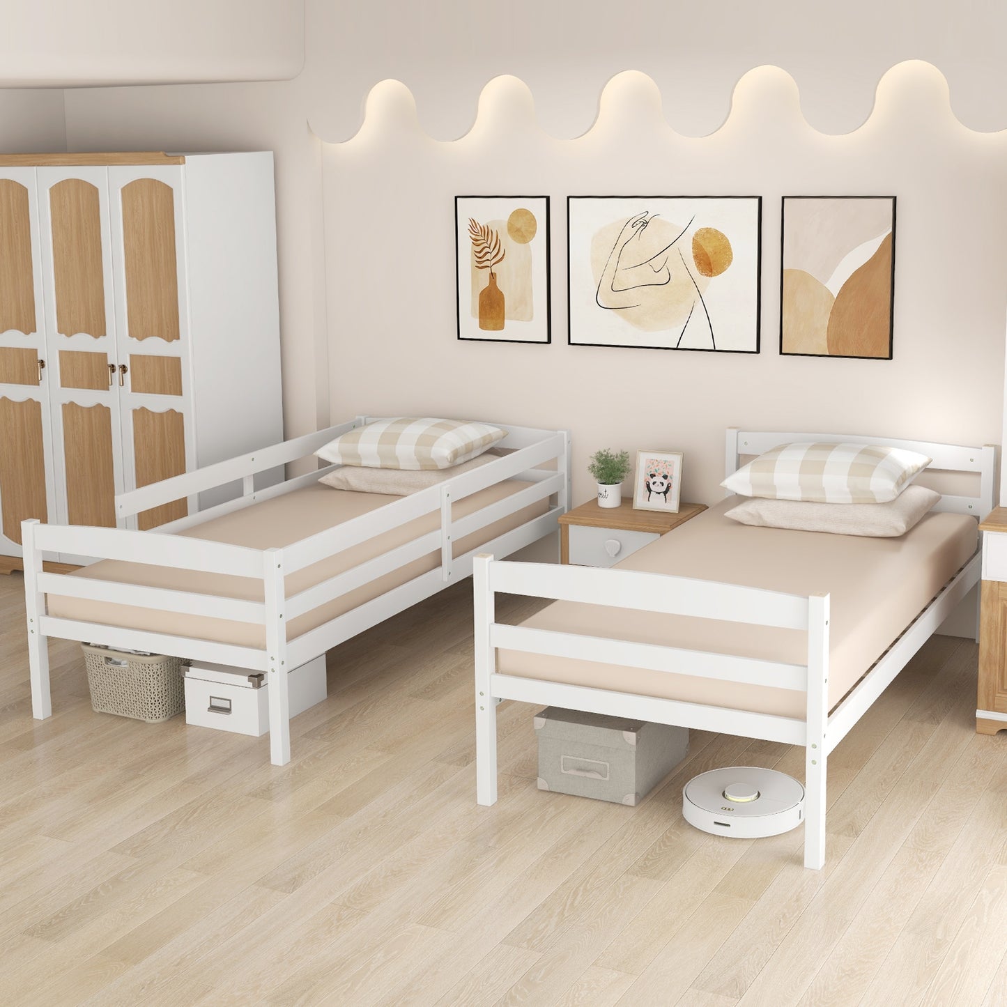 Solid Wood Twin Over Twin Bunk Bed Frame with High Guardrails and Integrated Ladder, White Bunk Bed Frame at Gallery Canada