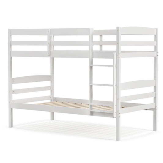 Solid Wood Twin Over Twin Bunk Bed Frame with High Guardrails and Integrated Ladder, White - Gallery Canada
