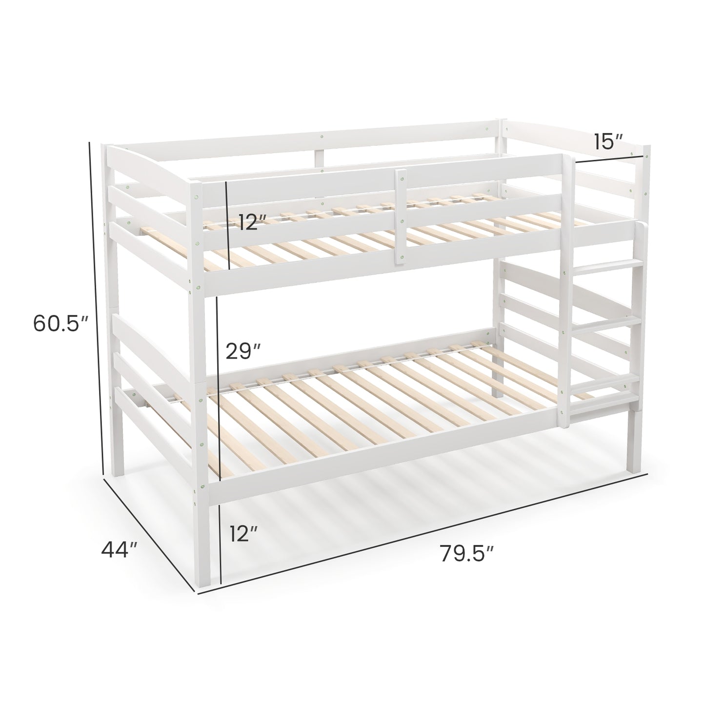 Solid Wood Twin Over Twin Bunk Bed Frame with High Guardrails and Integrated Ladder, White Bunk Bed Frame at Gallery Canada
