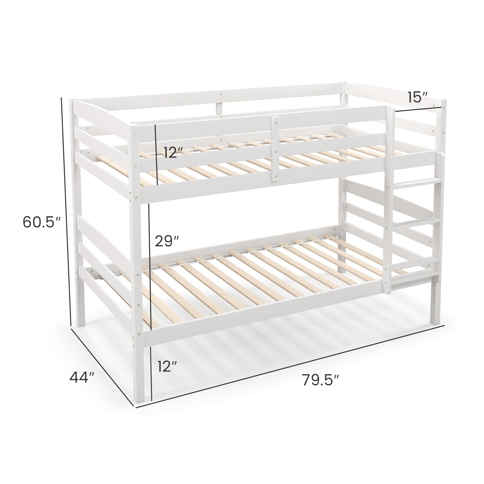 Solid Wood Twin Over Twin Bunk Bed Frame with High Guardrails and Integrated Ladder, White Bunk Bed Frame at Gallery Canada