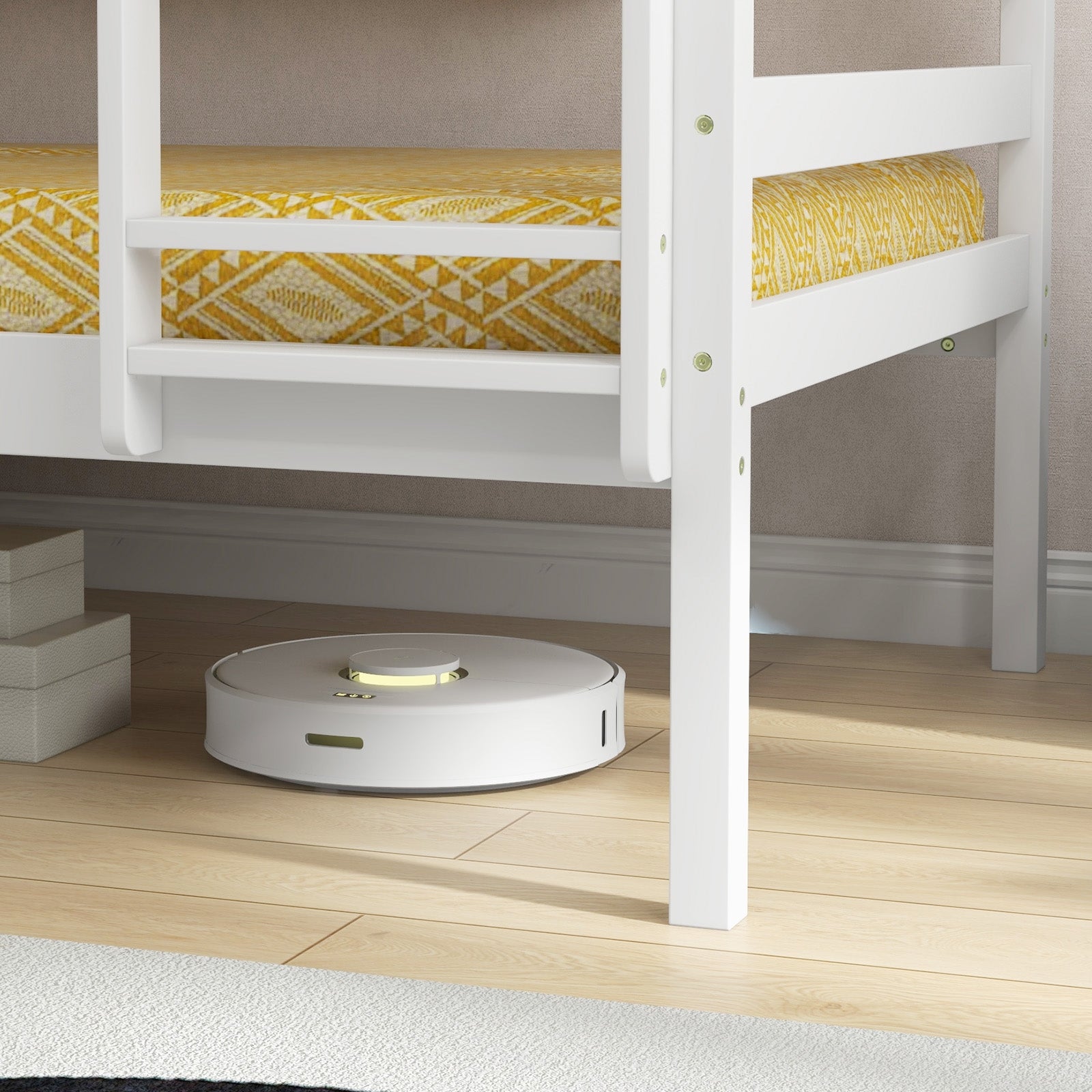 Solid Wood Twin Over Twin Bunk Bed Frame with High Guardrails and Integrated Ladder, White Bunk Bed Frame at Gallery Canada