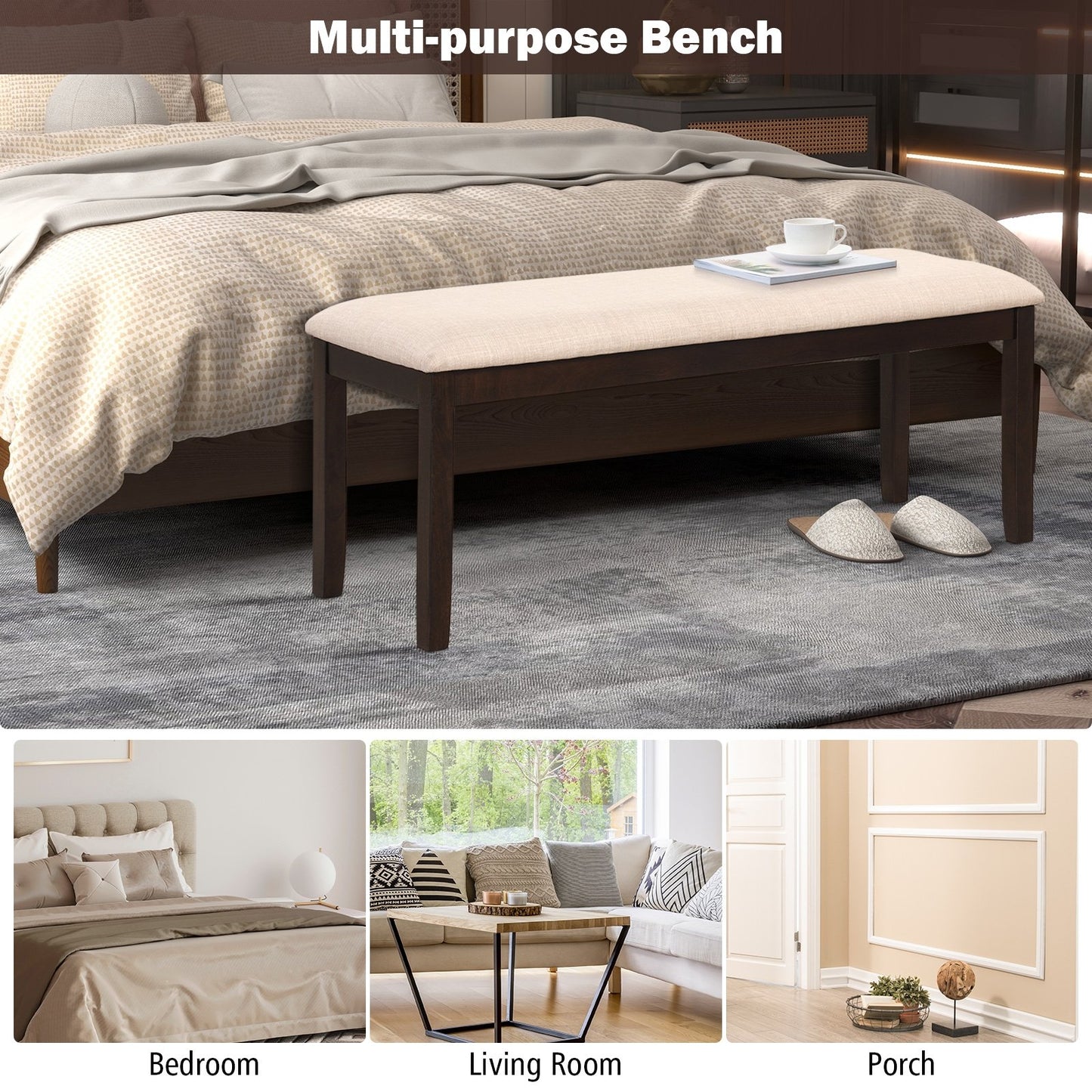 Upholstered Ottoman Bench with Padded Cushion, Beige