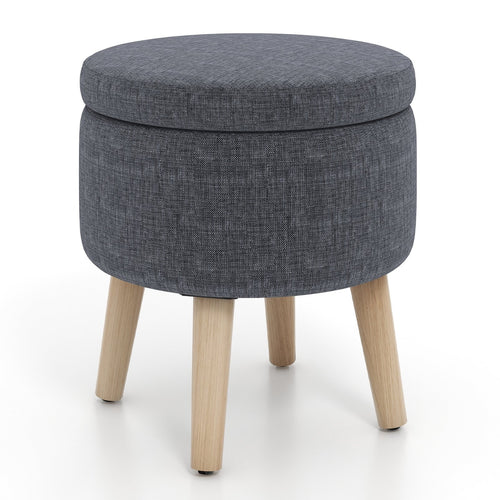 Round Storage Ottoman with Rubber Wood Legs and Adjustable Foot Pads, Gray