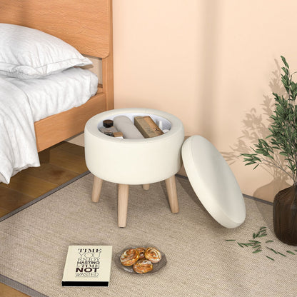 Round Storage Ottoman with Rubber Wood Legs and Adjustable Foot Pads, Beige