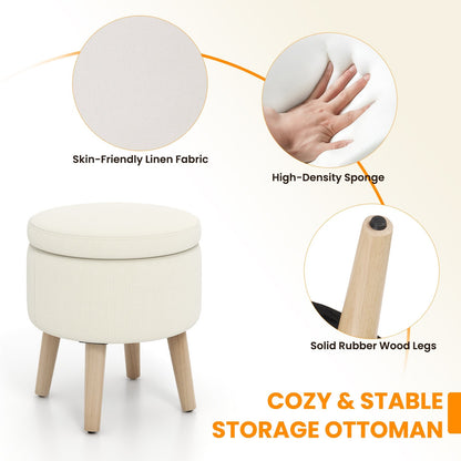 Round Storage Ottoman with Rubber Wood Legs and Adjustable Foot Pads, Beige