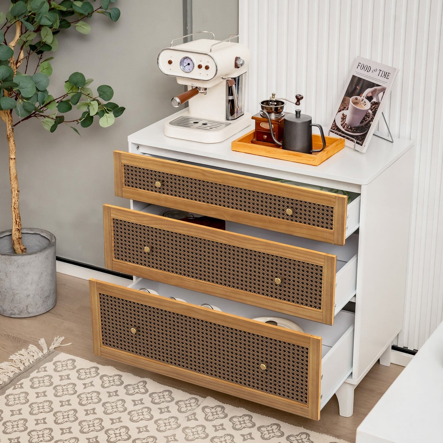 3-Drawer Rattan Dresser Chest with Anti-toppling Device, Brown
