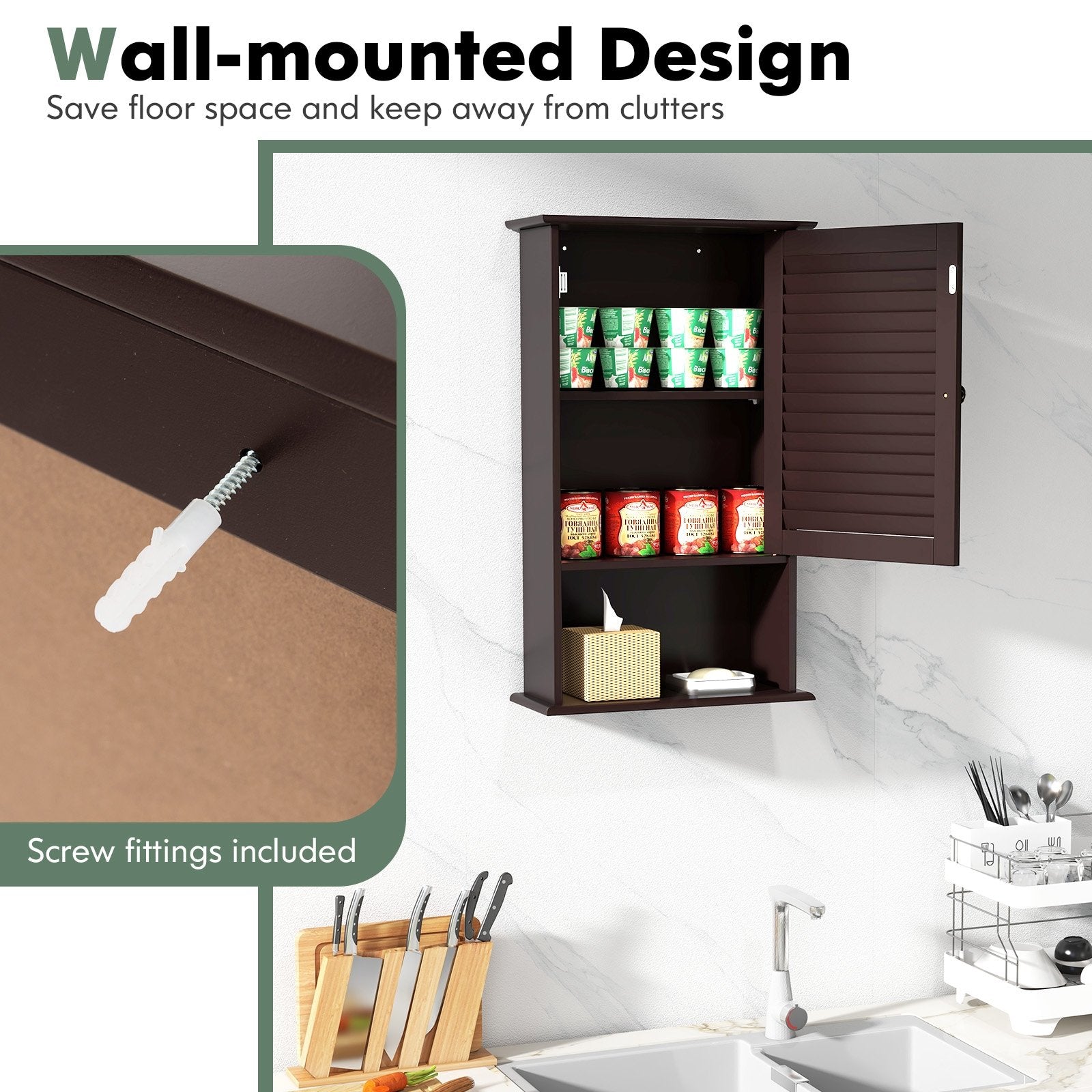 Bathroom Wall Mount Storage Cabinet Single Door with Height Adjustable Shelf, Rustic Brown at Gallery Canada