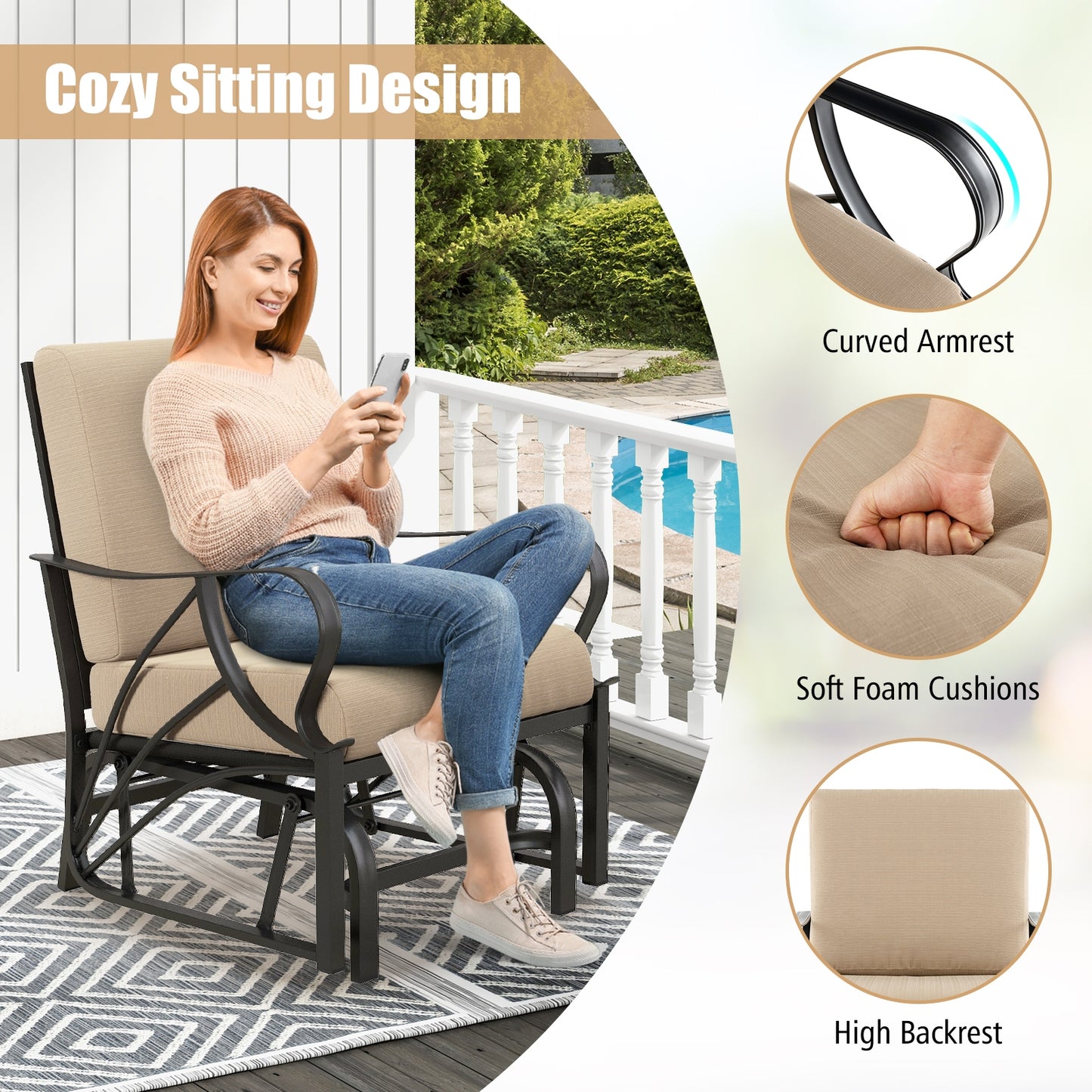Patio Glider Rocking Chair, Thick Cushion, Curved Armrest, Tan Patio Rocking Chairs & Gliders at Gallery Canada