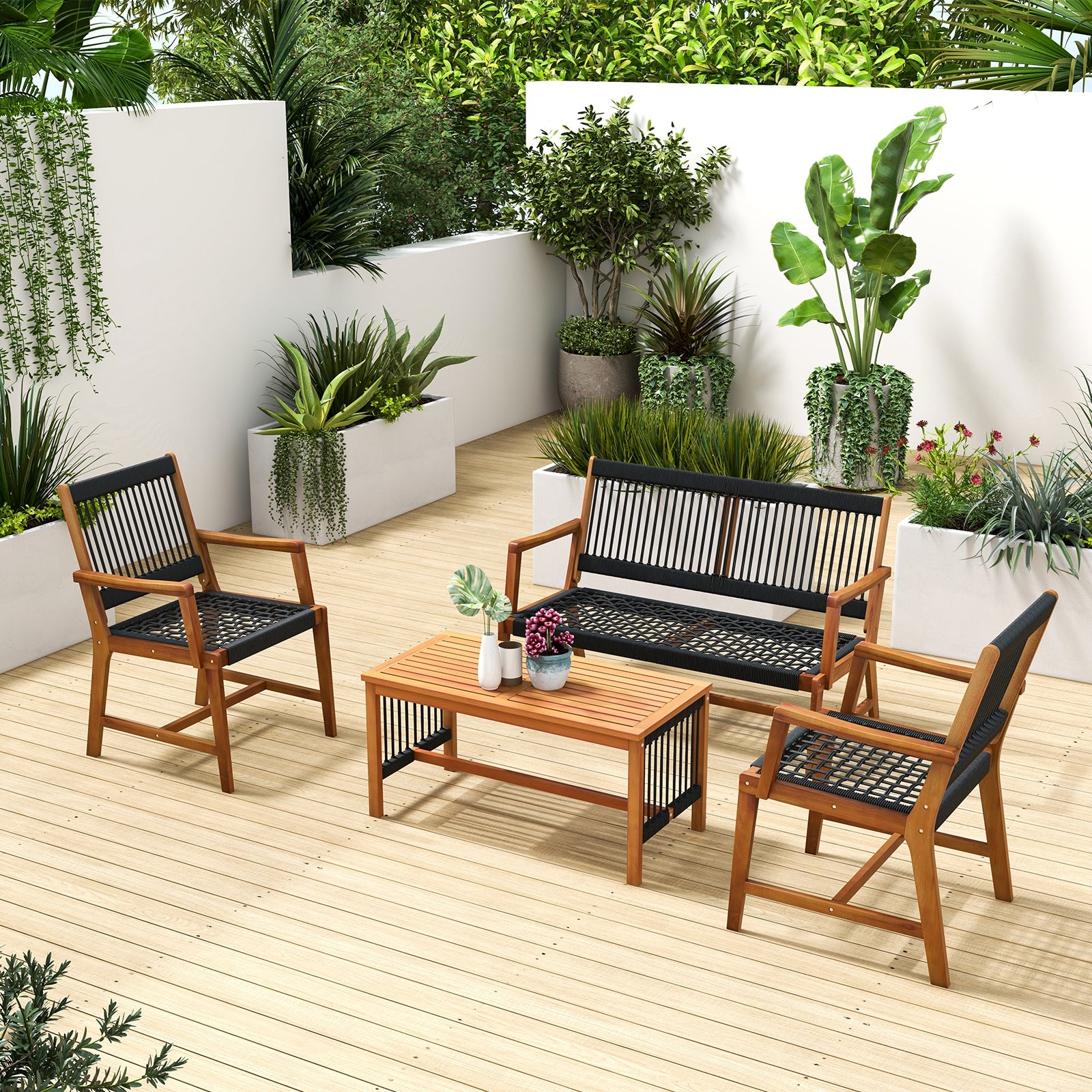 4 Pieces Acacia Wood Patio Conversation Table and Chair Set with Hand Woven Rope, Natural Patio Conversation Sets at Gallery Canada
