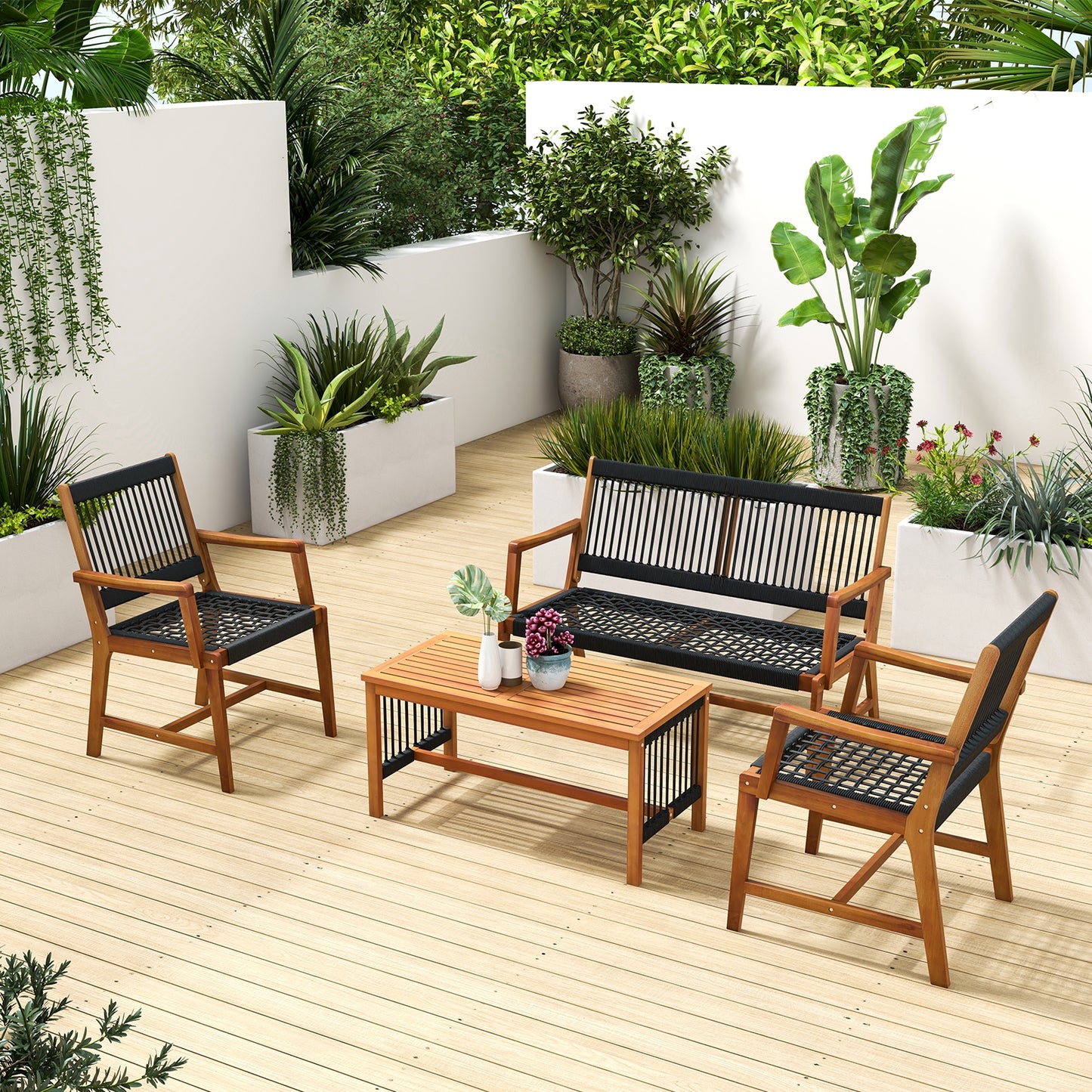 4 Pieces Acacia Wood Patio Conversation Table and Chair Set with Hand Woven Rope, Natural Patio Conversation Sets at Gallery Canada