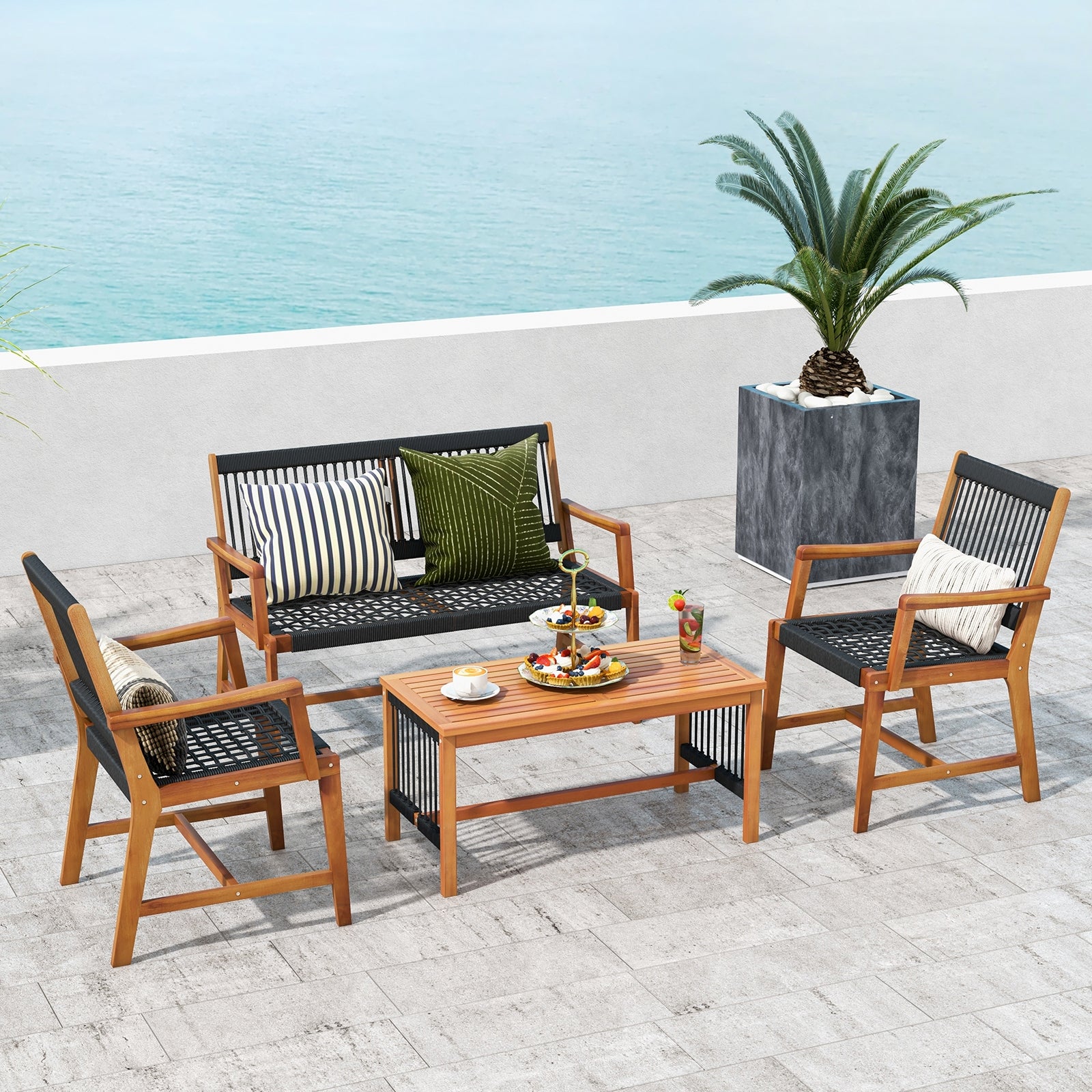 4 Pieces Acacia Wood Patio Conversation Table and Chair Set with Hand Woven Rope, Natural Patio Conversation Sets at Gallery Canada