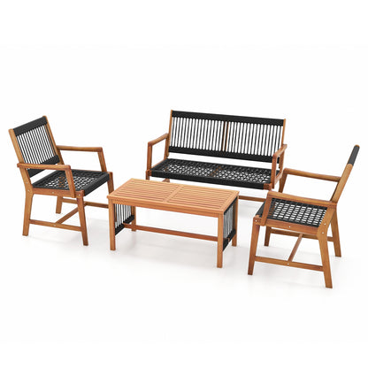 4 Pieces Acacia Wood Patio Conversation Table and Chair Set with Hand Woven Rope, Natural Patio Conversation Sets at Gallery Canada