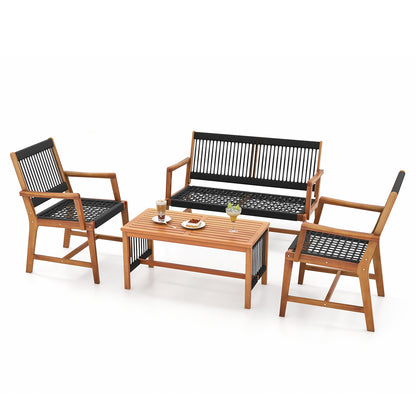 4 Pieces Acacia Wood Patio Conversation Table and Chair Set with Hand Woven Rope, Natural Patio Conversation Sets at Gallery Canada