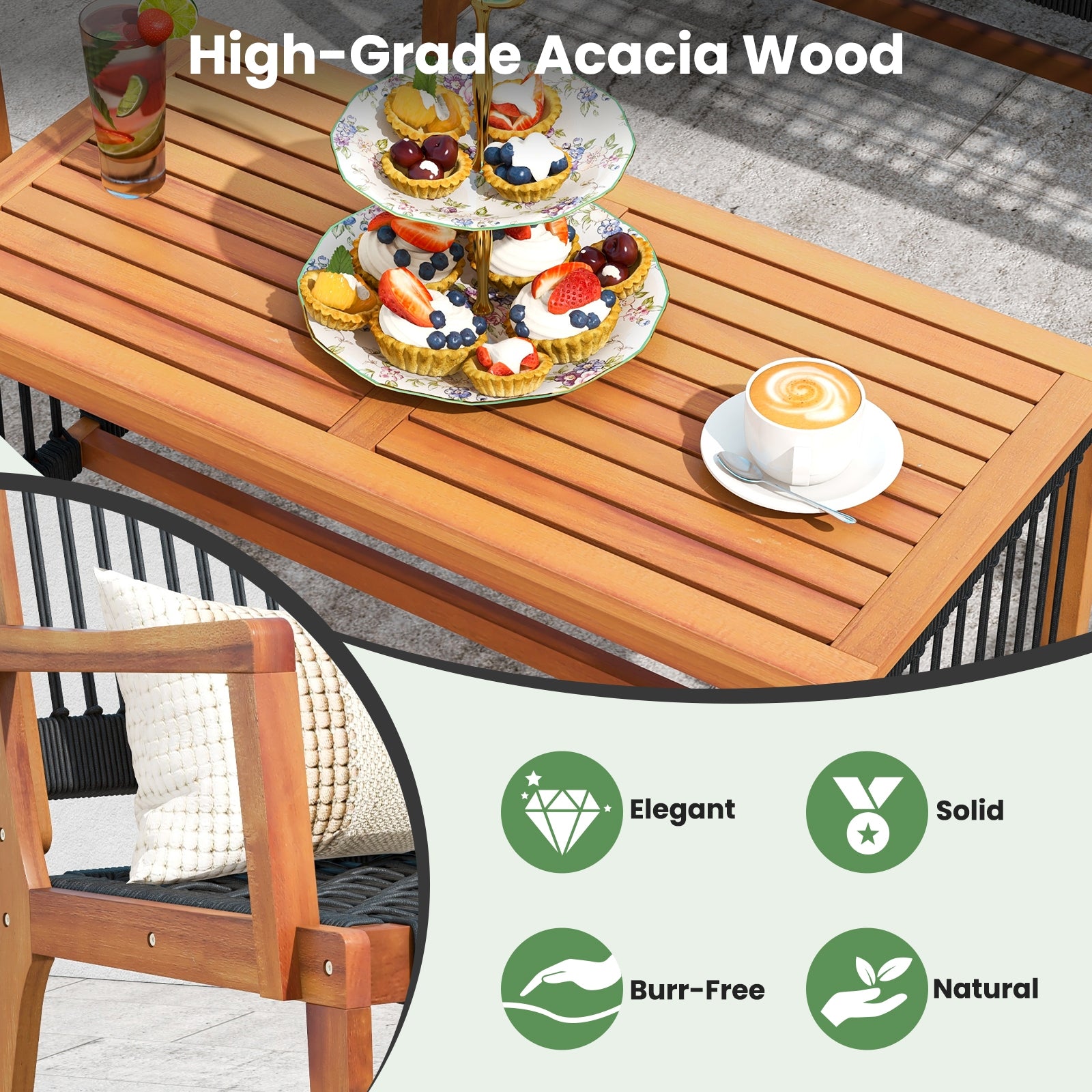 4 Pieces Acacia Wood Patio Conversation Table and Chair Set with Hand Woven Rope, Natural Patio Conversation Sets at Gallery Canada