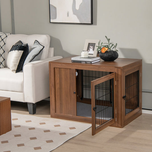 Furniture Dog Crate with Cushion and Double Doors, Walnut - Gallery Canada