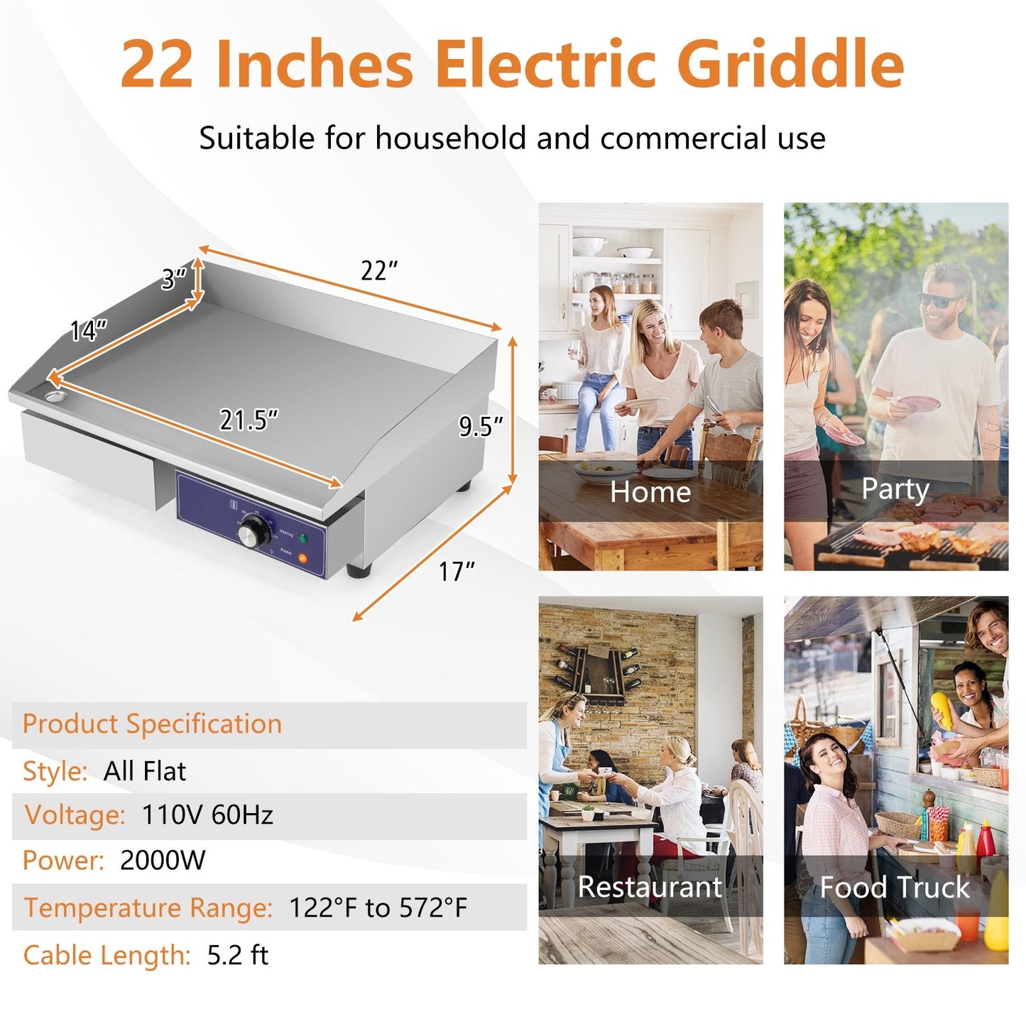 Commercial Electric Griddle with 122℉-572℉ Adjustable Temperature Control, Silver