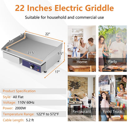 Commercial Electric Griddle with 122℉-572℉ Adjustable Temperature Control, Silver