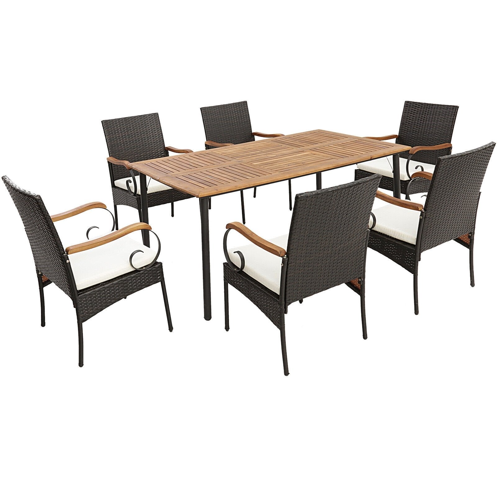 7 Pieces Patio Wicker Dining Set with Detachable Cushion and Umbrella Hole, Natural Patio Dining Sets Natural at Gallery Canada