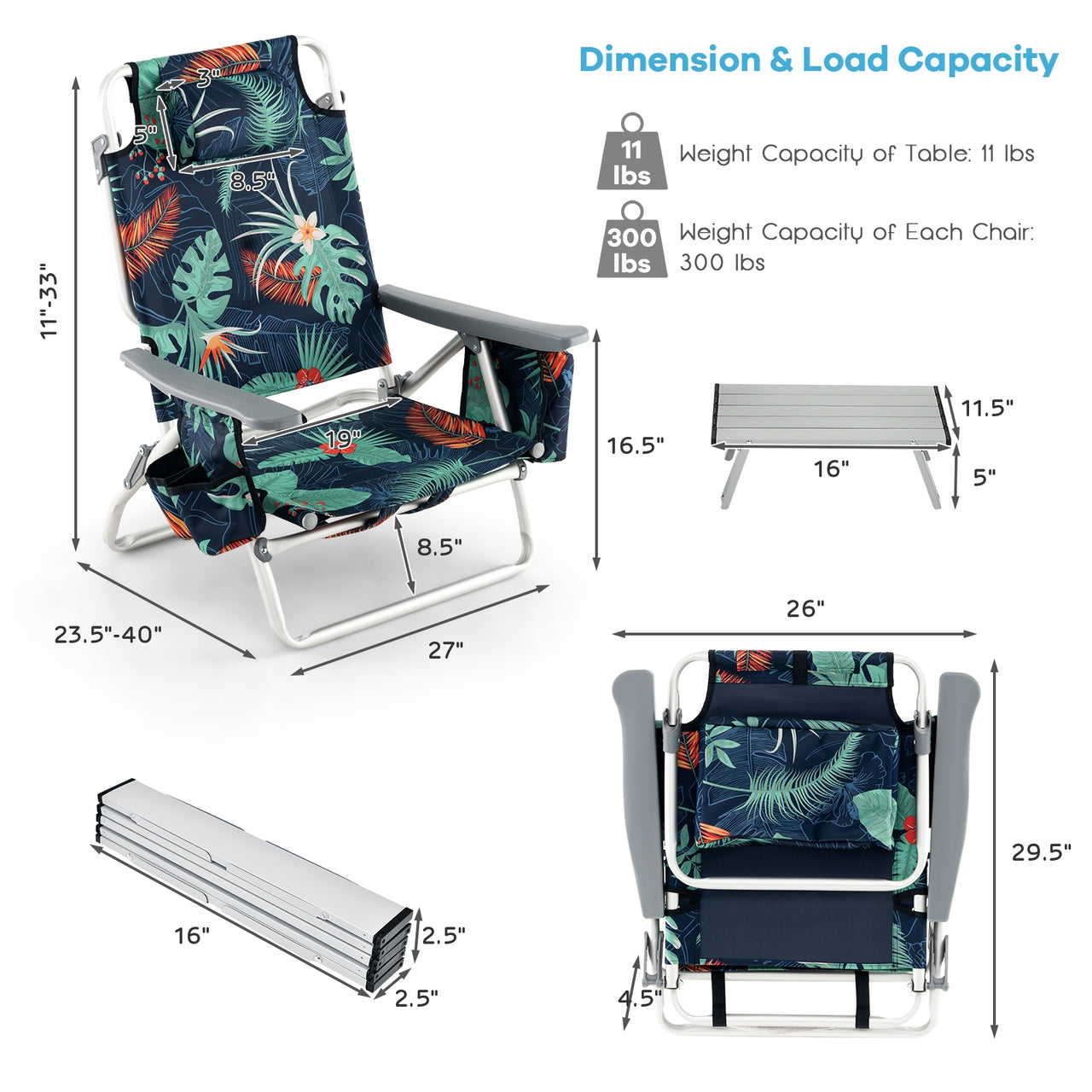 2 Packs 5-Position Outdoor Folding Backpack Beach Table Chair Reclining Chair Set - Gallery View 5 of 12