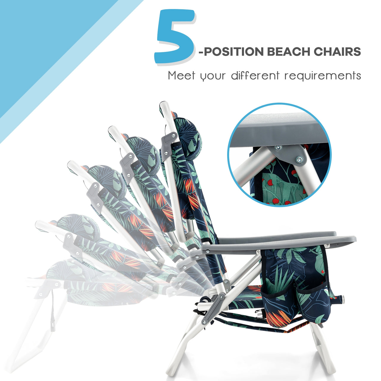 2 Packs 5-Position Outdoor Folding Backpack Beach Table Chair Reclining Chair Set - Gallery View 7 of 12