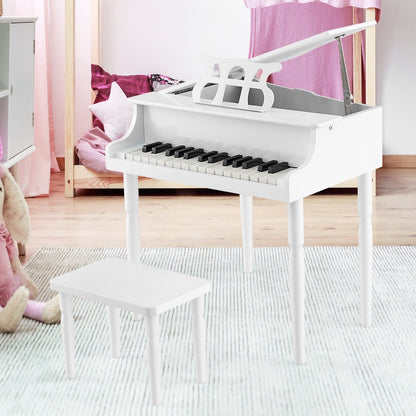 30-Key Wood Toy Kids Grand Piano with Bench and Music Rack, White