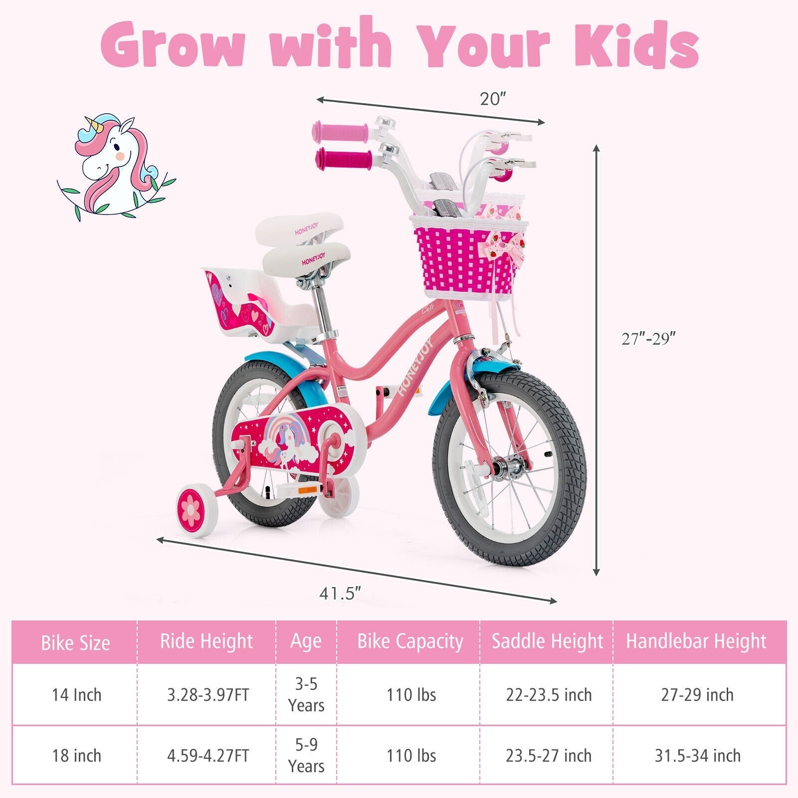 Kids Bicycle with Training Wheels and Basket for Boys and Girls Age 3-9 Years-14 inches, Pink Kids Bike at Gallery Canada