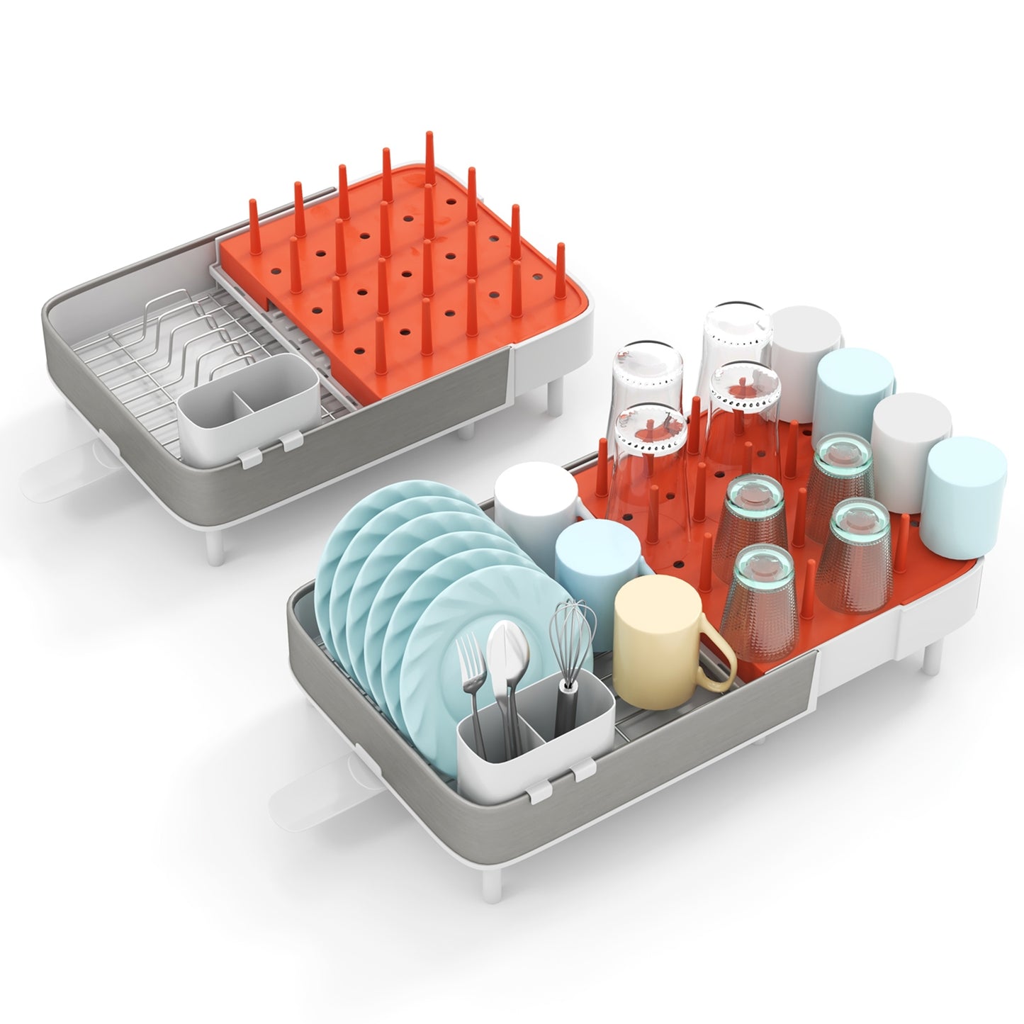 Expandable Dish Drying Rack, Adjustable Dual-Part Drainer, Detachable Utensil Holder, White, Gray Dish Racks Gray & White at Gallery Canada