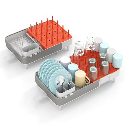 Expandable Dish Drying Rack, Adjustable Dual-Part Drainer, Detachable Utensil Holder, White, Gray Dish Racks Gray & White at Gallery Canada
