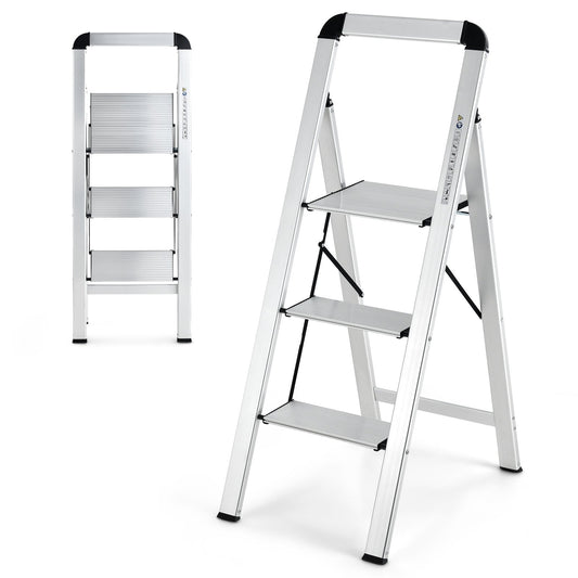 3-Step Ladder Aluminum Folding Step Stool with Non-Slip Pedal and Footpads-Sliver, Silver