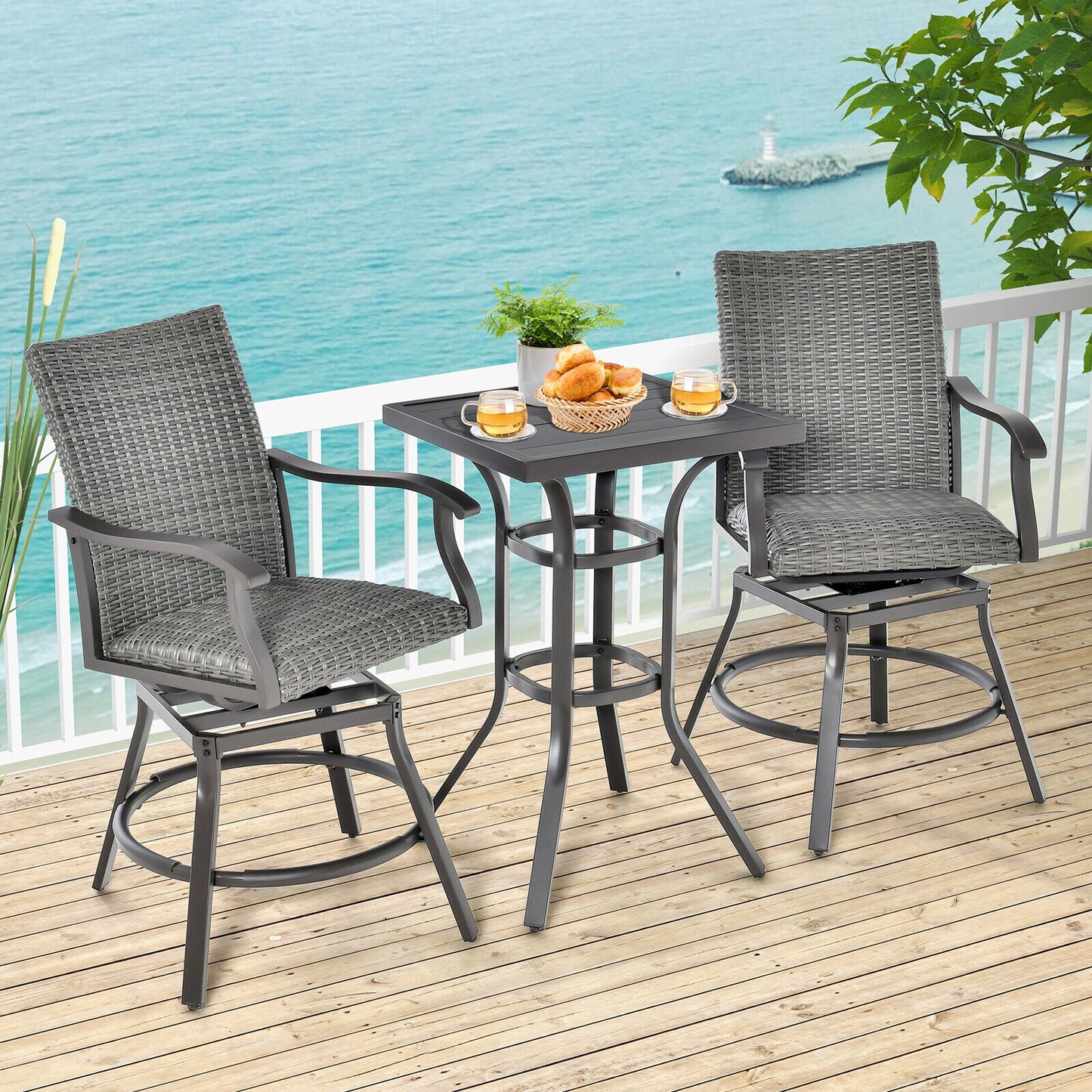 2-Piece Patio Swivel Bar Chair Set, Quick-Dry 4D Air Fiber Cushion, Black Patio Bar Furniture at Gallery Canada