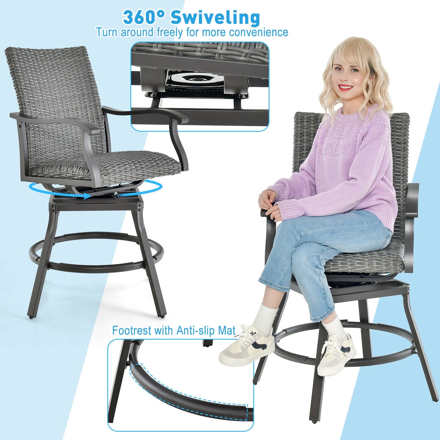 2-Piece Patio Swivel Bar Chair Set, Quick-Dry 4D Air Fiber Cushion, Black Patio Bar Furniture at Gallery Canada