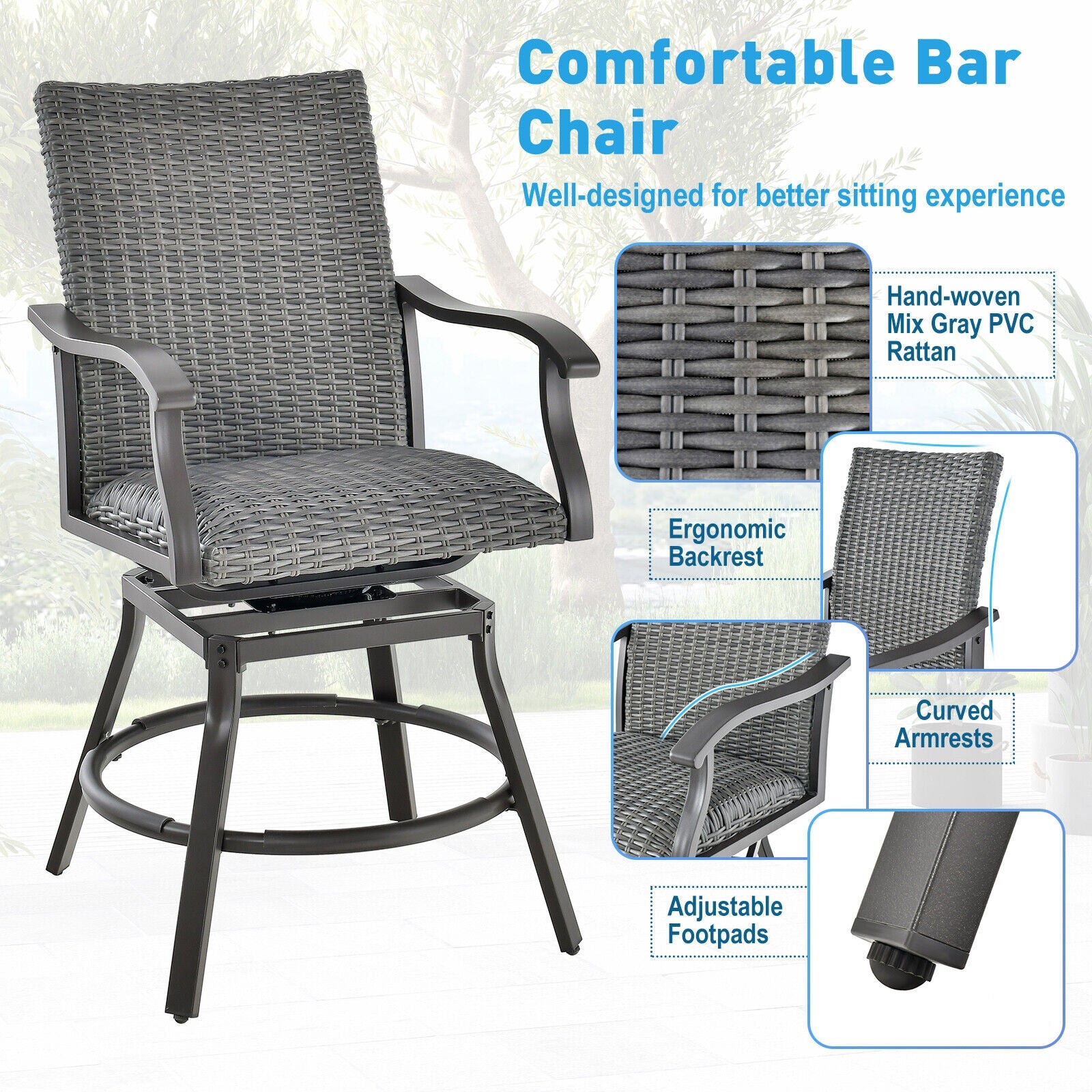 2-Piece Patio Swivel Bar Chair Set, Quick-Dry 4D Air Fiber Cushion, Black Patio Bar Furniture at Gallery Canada