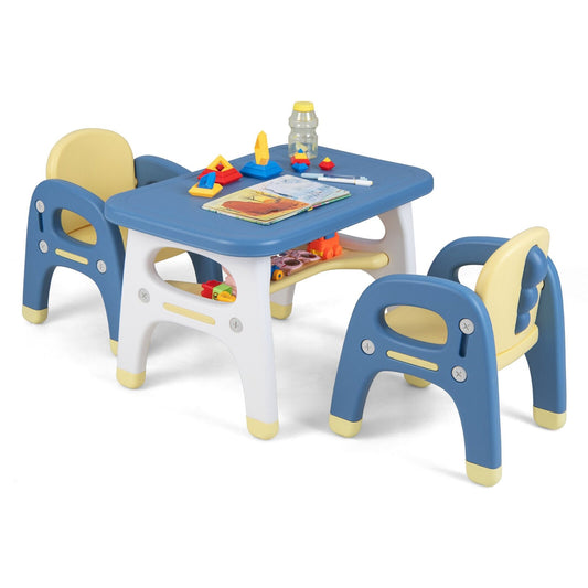Kids Table and 2 Chairs Set with Storage Shelf and Building Blocks, Blue